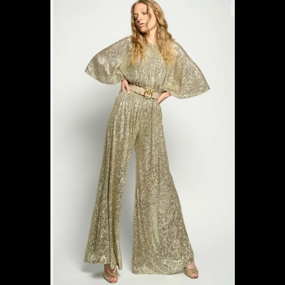 Pinko Pants & Jumpsuits Pinko Flared Sleeve Sequins Jumpsuit In Gold Poshmark